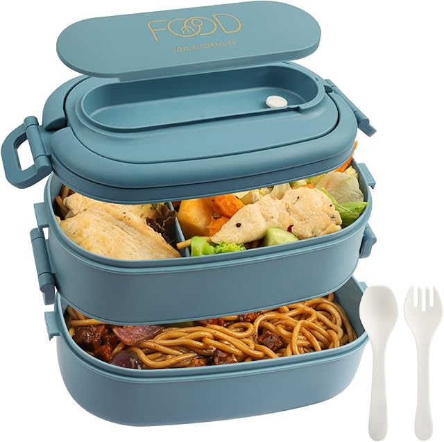 OITUGG 2-Layer Lunch Box: 1550ml Bento Box with 3-Compartments und Cutlery Set - BPA-Free Plastic Compartment Lunch Box Adults - Microwave-safe Leakproof Bento Lunch Box for Adults Men Women (Sky Blue