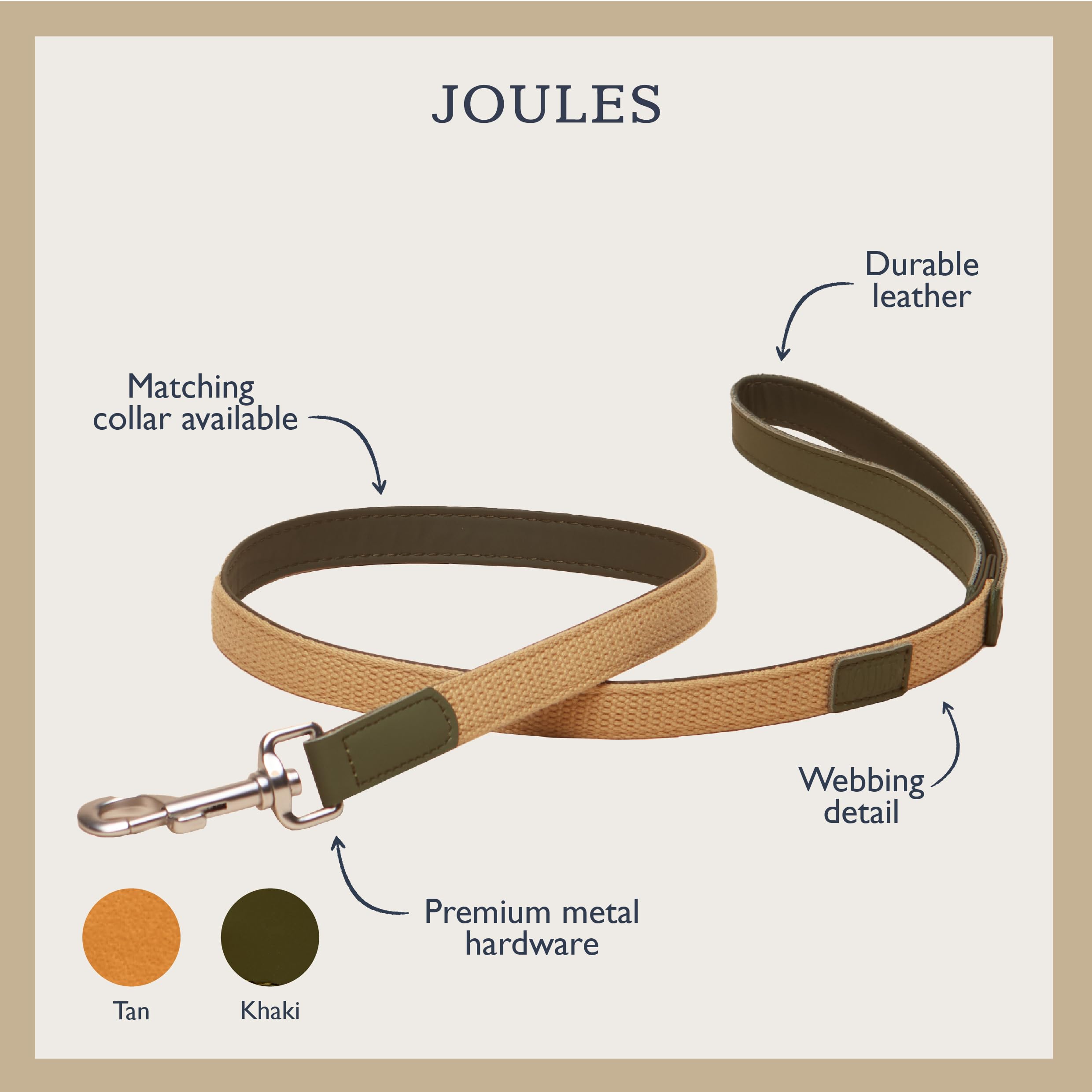 Rosewood x Joules Khaki Dog Lead - Durable Leather and Webbing Detail, Stylish Design with Brushed Metal Clip, Premium Pet Accessory - Image 2
