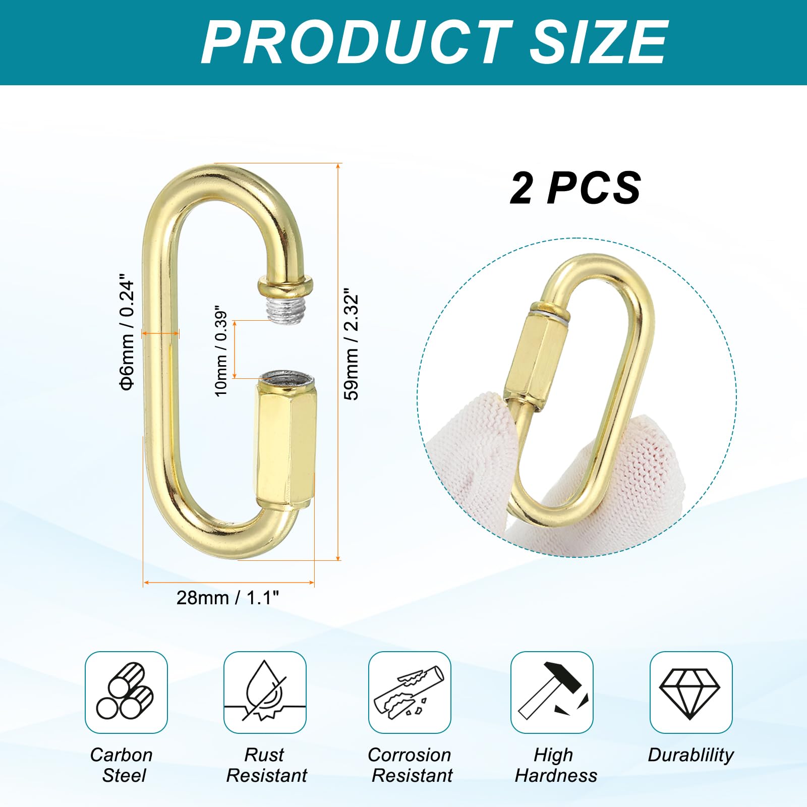MECCANIXITY Chain Connectors, 6mm Thick Quick Link Screw Lock Oval Clips for Chandelier Pendant Lights, Pale Gold, Pack of 2