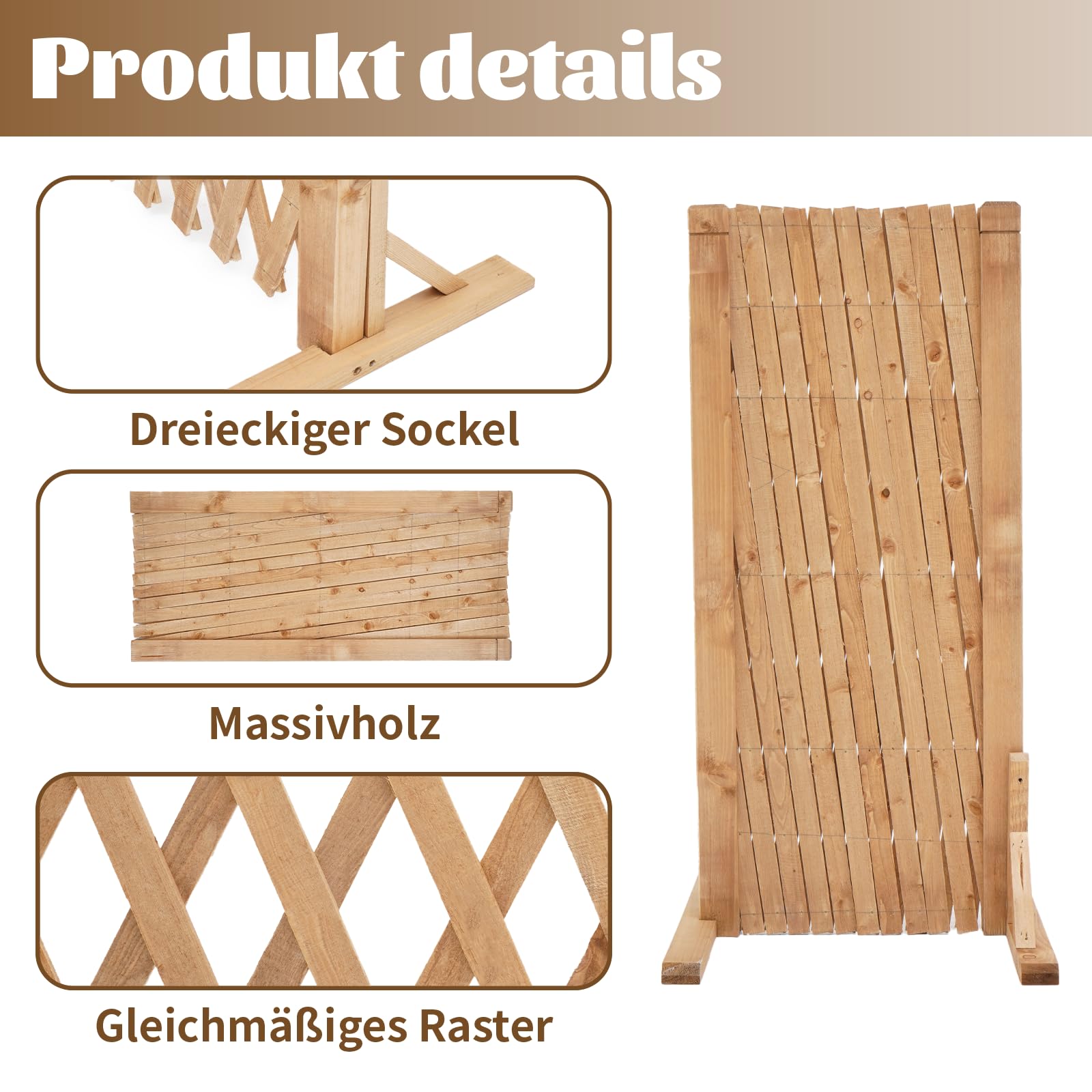 MYOYAY 2 Stück Ausziehbar Holz Rankgitter, Verstellbar Zaun für Hunde 70CM Hoch, Holzzaun Garten Freistehend Dekorativer Gartenzaun (24-160cm) für Pflanzen Haustiere Garten Balkon - Naturholzfarbe