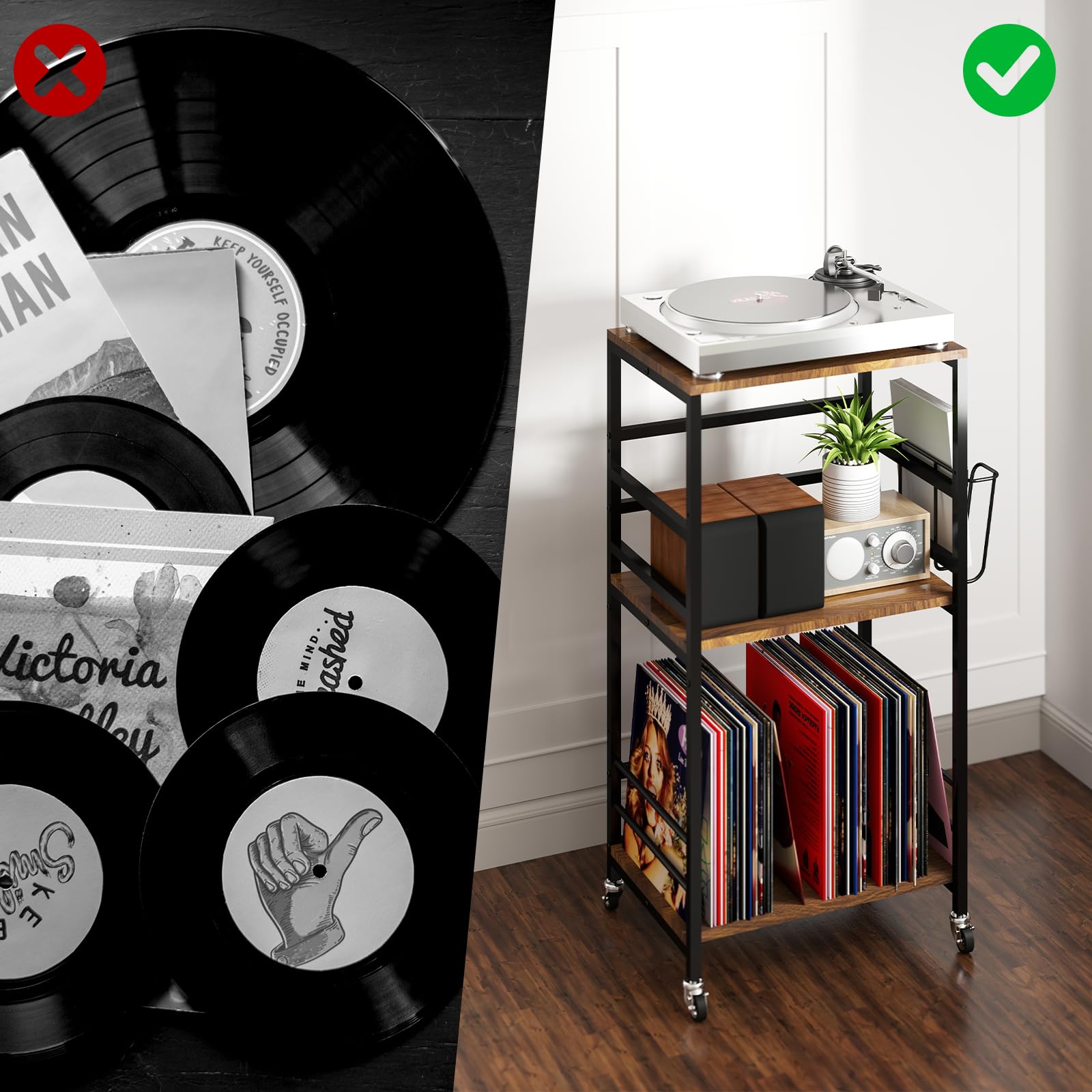 tonchean Soporte para tocadiscos, de 3 niveles, en vinilo, con ruedas, almacenamiento de discos, mesa auxiliar para salón, dormitorio, oficina