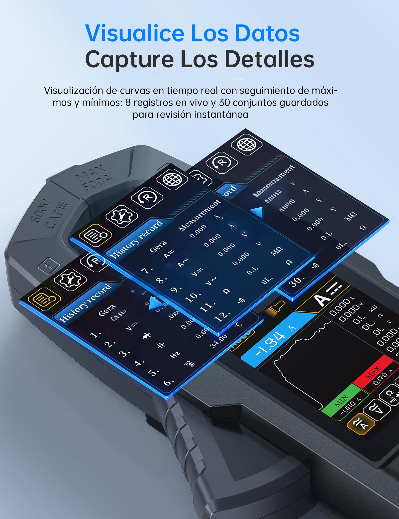 FNIRSI DMC-100 Pinza Amperimétrica Digital, Multímetro TRMS de 9999 Cuentas, Amperímetro Recargable con Registro de Curvas de 600A y Bolsa de Almacenamiento, NCV, Voltaje CA/CC, Corriente