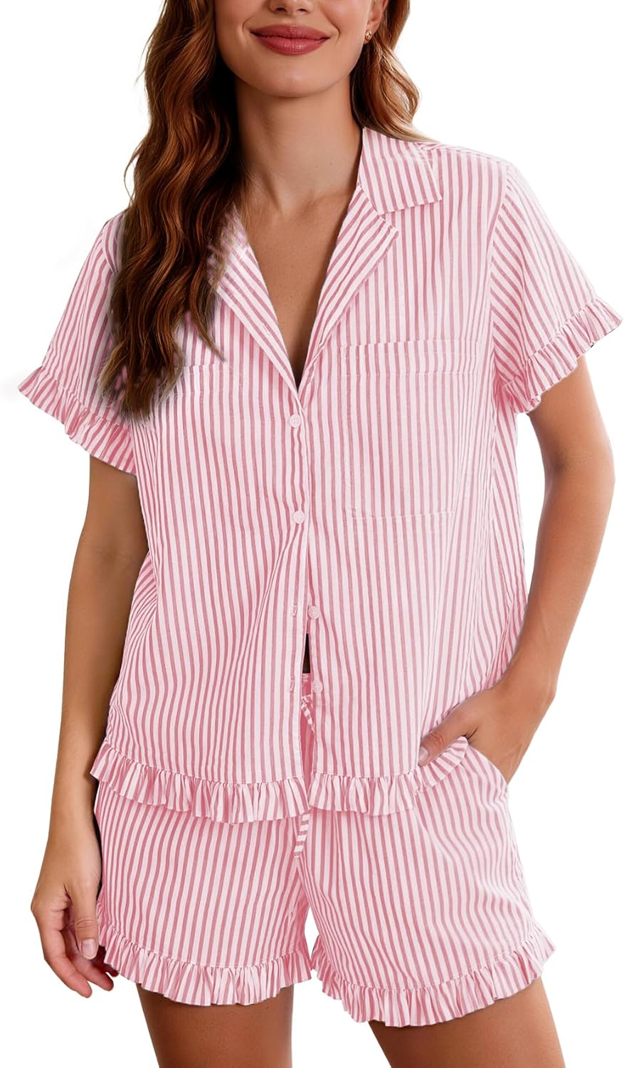 Flygo Womens Striped Pajama Set Cotton 2 Piece Lounge Pajamas Sets Short Sleeve Ruffle Shirt Shorts Y2K Pj Sleepwear