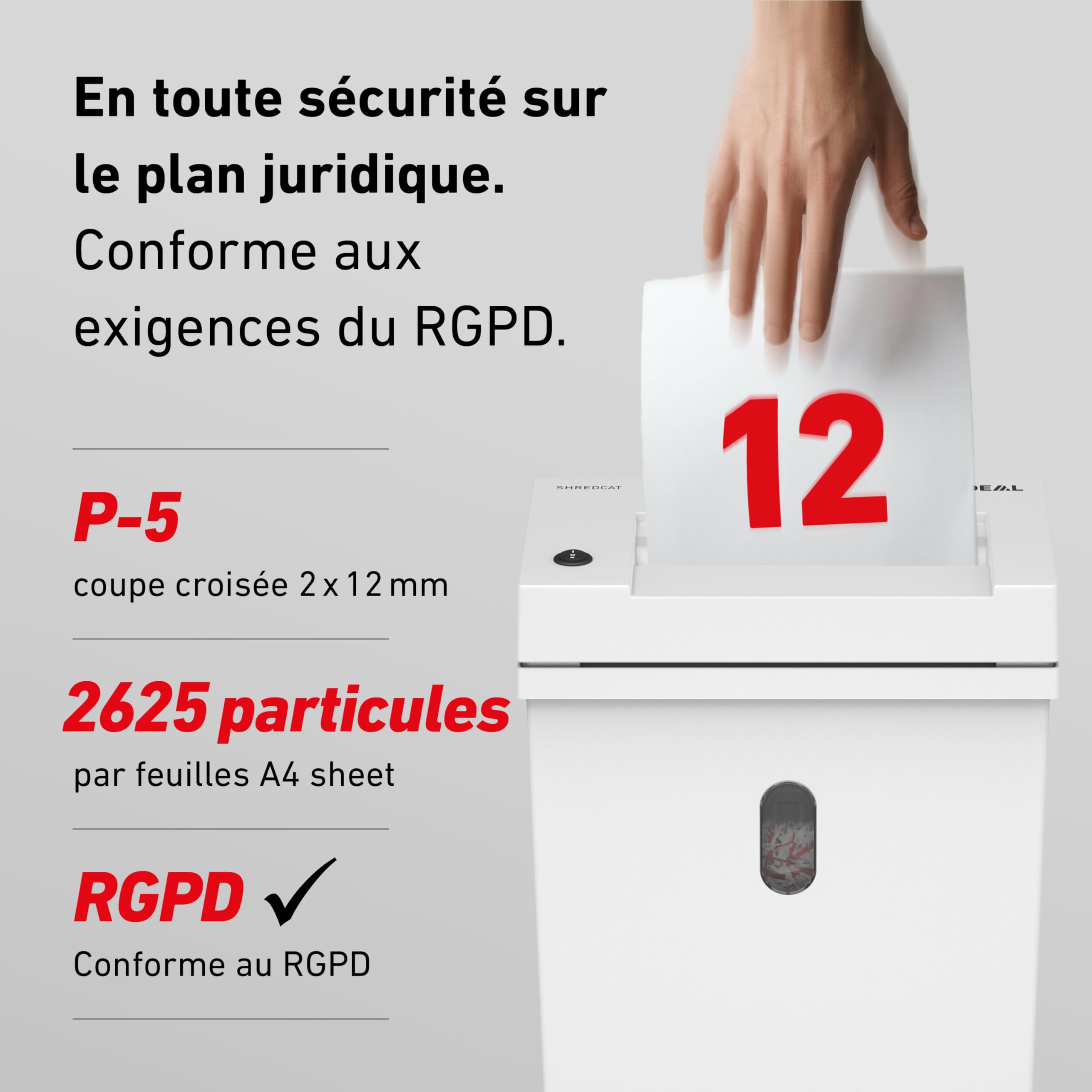 Destructeur de Papier Ideal Shredcat 8200 CC, Coupe croisée 2x12 mm, Niveau de sécurité P-5, 12 Feuilles, 21 litres, Conforme RGPD, Puissant
