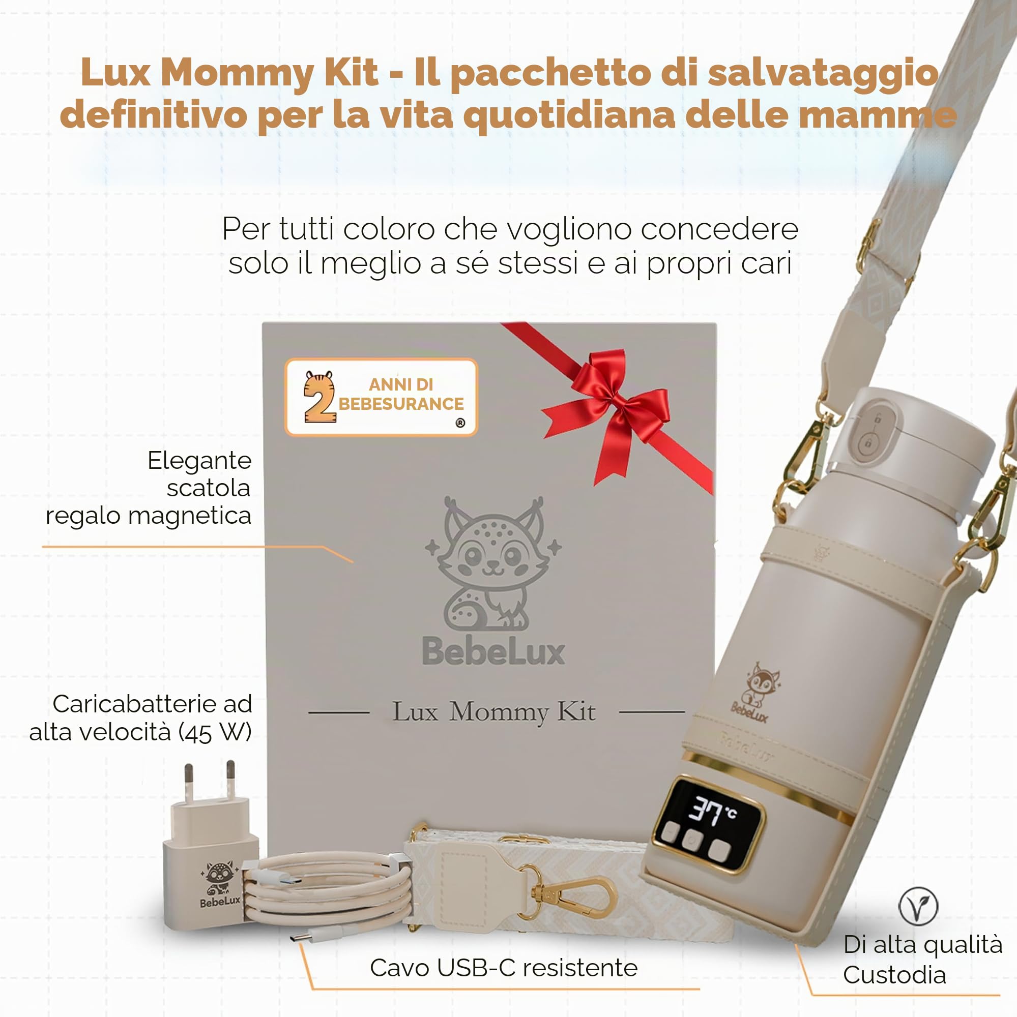 BEBELUX BebeWarm V2 - Set scaldabiberon Lux Mommy Kit | Temperatura perfetta in due minuti, fino a 500 ml, batteria, USB-C, set di accessori, beige