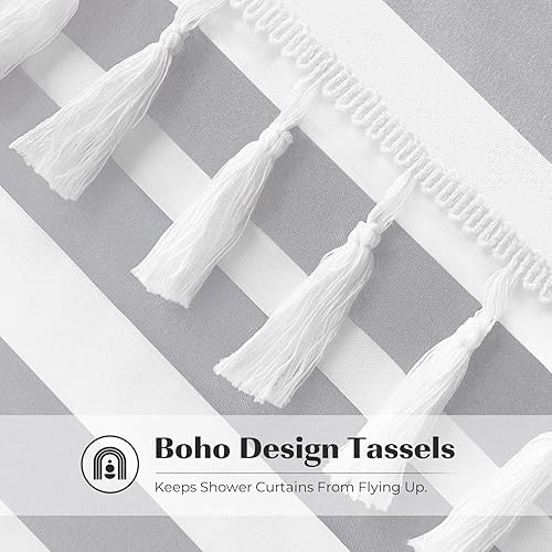 Miniatura 4 de Cortina de ducha gris Seasonwood Moderna de tela con borlas blancas, cortinas de ducha estilo casa de campo a rayas, impermeable, 72x72 pulgadas