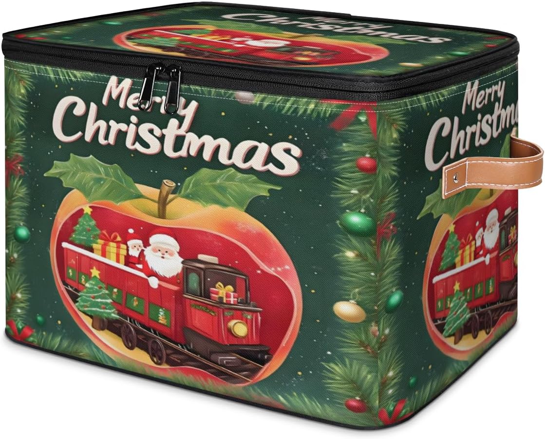 Storage Bin Set of 2 Christmas Santa Apples Storage Basket with Zipper Lid & Handle Foldable Closet Shelf 2 Pack Cloth Organizer Basket Cube Bins for Bedroom, Nursery
