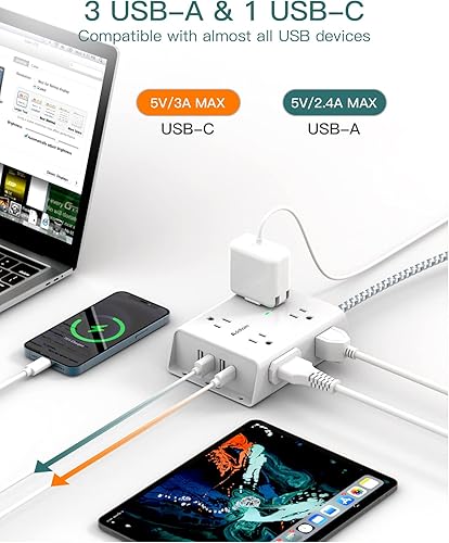 Miniatura 6 de Cargador de pared USB, extensor de 5 tomas de corriente con 4 puertos de carga USB (1 salida USB C) y regleta de alimentación protectora de