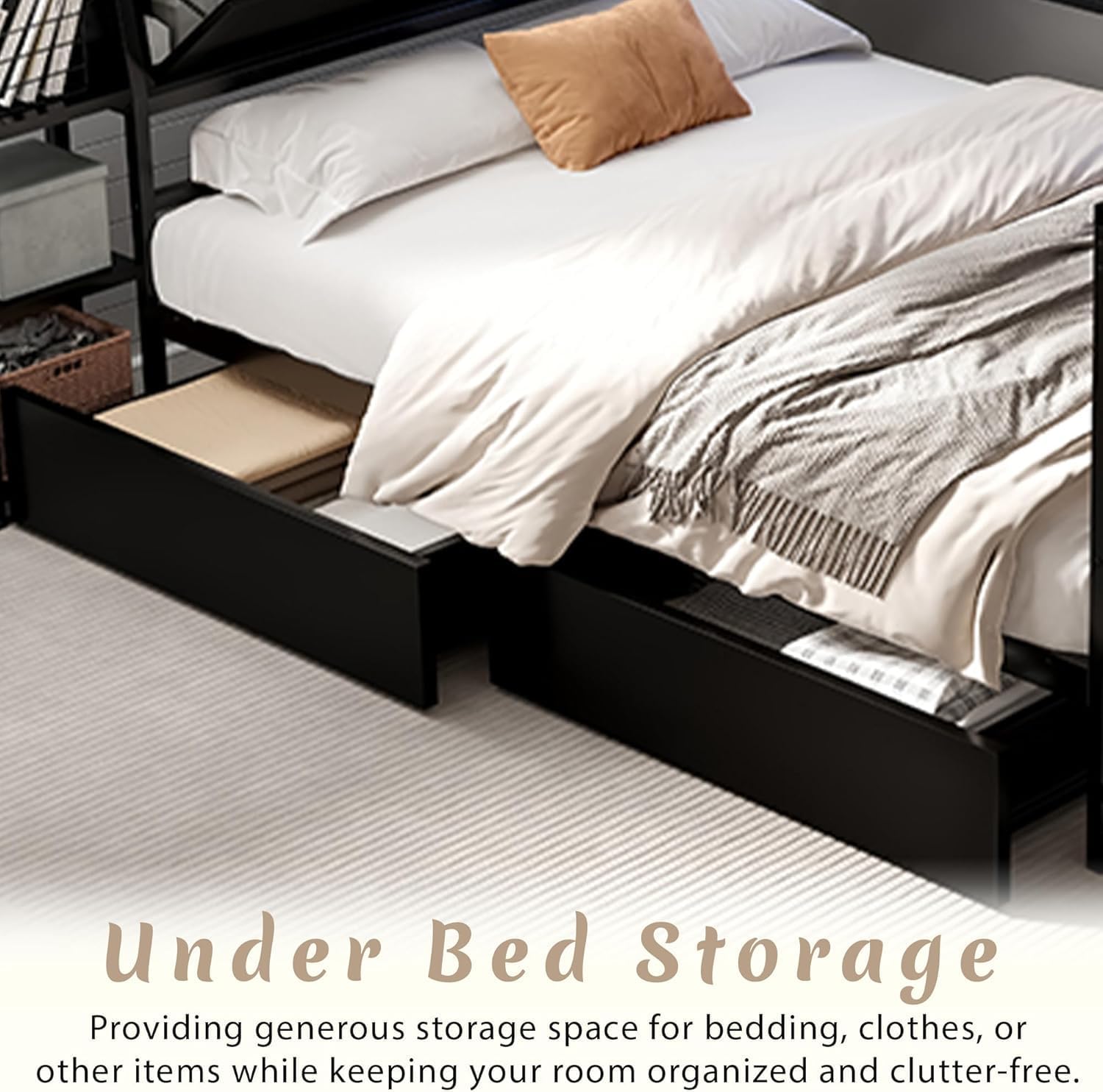 Full Corner Bed Frame with Desk, LED Lights & Charging Ports, L-Shaped Daybed with Storage Drawers, Bookcase & Open Shelves, Modern Full Size Daybed for Kids, Teens & Compact Bedrooms,Black