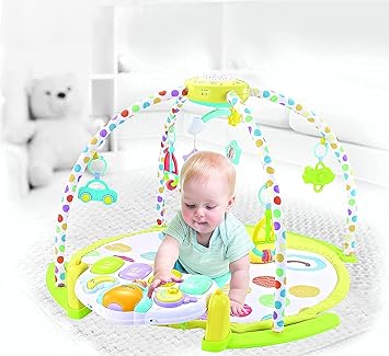 Dratal 4 in 1 Baby Play Gym Mat with Hanging Rattles Baby Activity Play Mat with 5 Toys, Visual, Hearing, Touch, Cognitive Development for Infant and Toddler, Thicker Non Slip