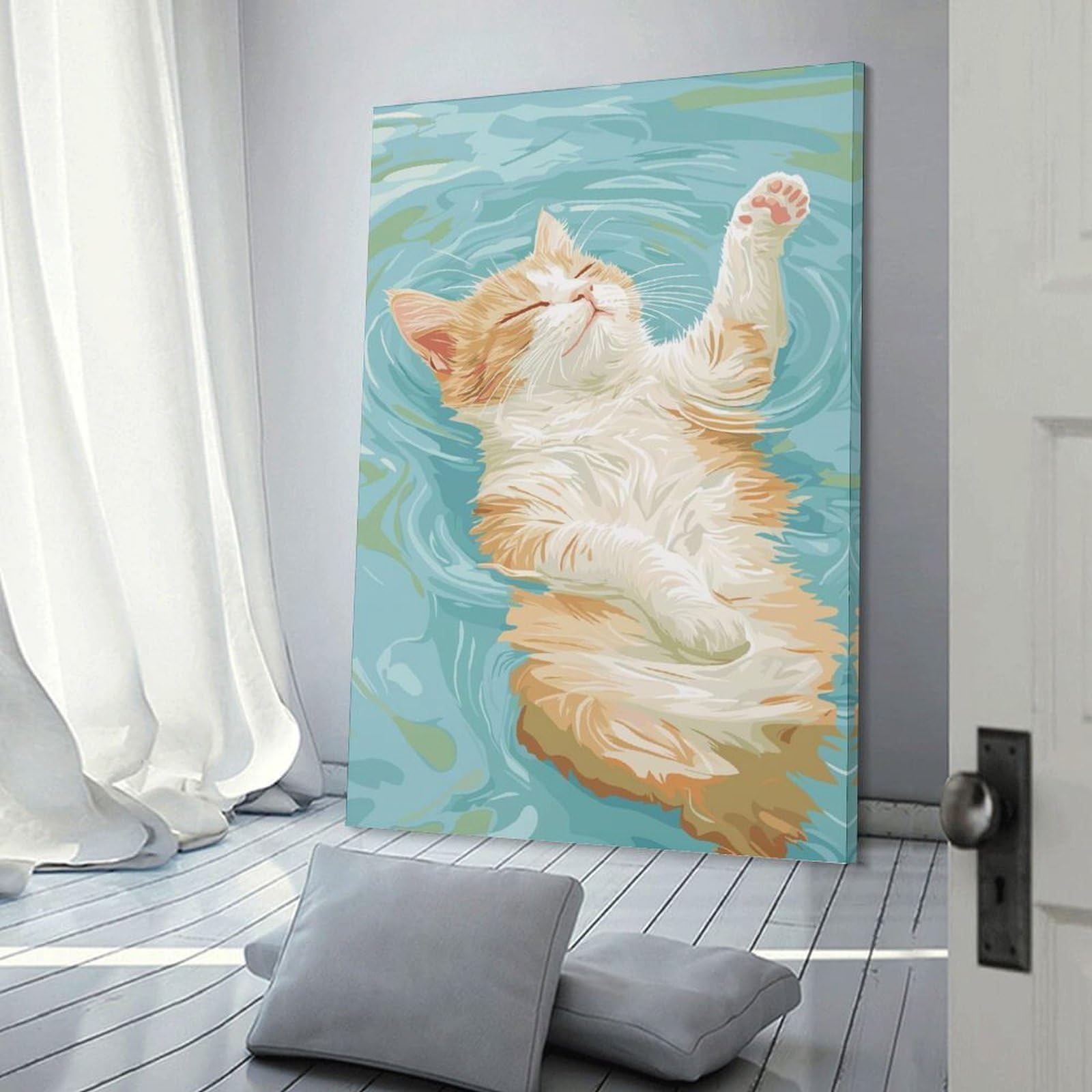 Junmoney Canvas Wall Picture Relaxing Cat in Water Illustration, 16x24inch(40x60cm), for Study, Office Or Focused Interiors, Wall Art That Adds Style to Work Areas