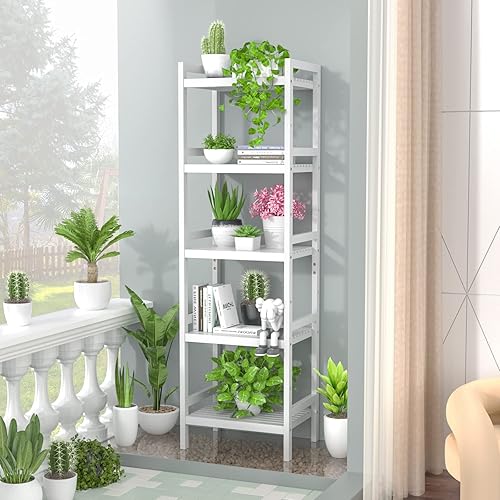 Miniatura 7 de Homykic Estantería de bambú de 5 niveles estrecha de 55.9 pulgadas, estante ajustable para libros, estantes de baño, soporte de almacenamiento