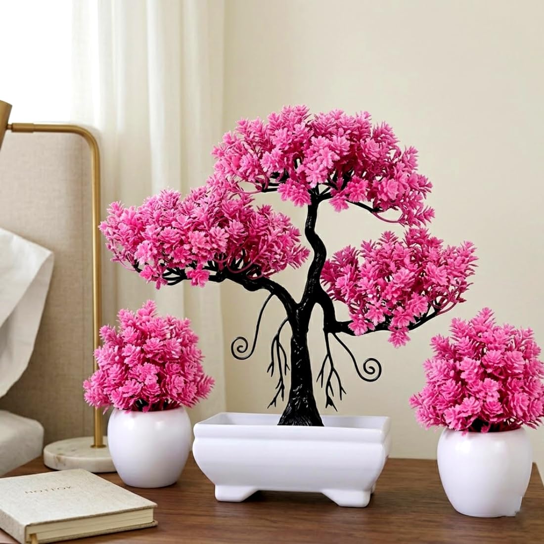 (Set of 3) Artificial Plants for Home Decor Pink Flower 28 cm Tree Realistic Looks Bonsai Tree for Bedroom, Livingroom, Office, Table, Balcony, Kitchen Indoor & Outdoor Decoration 1