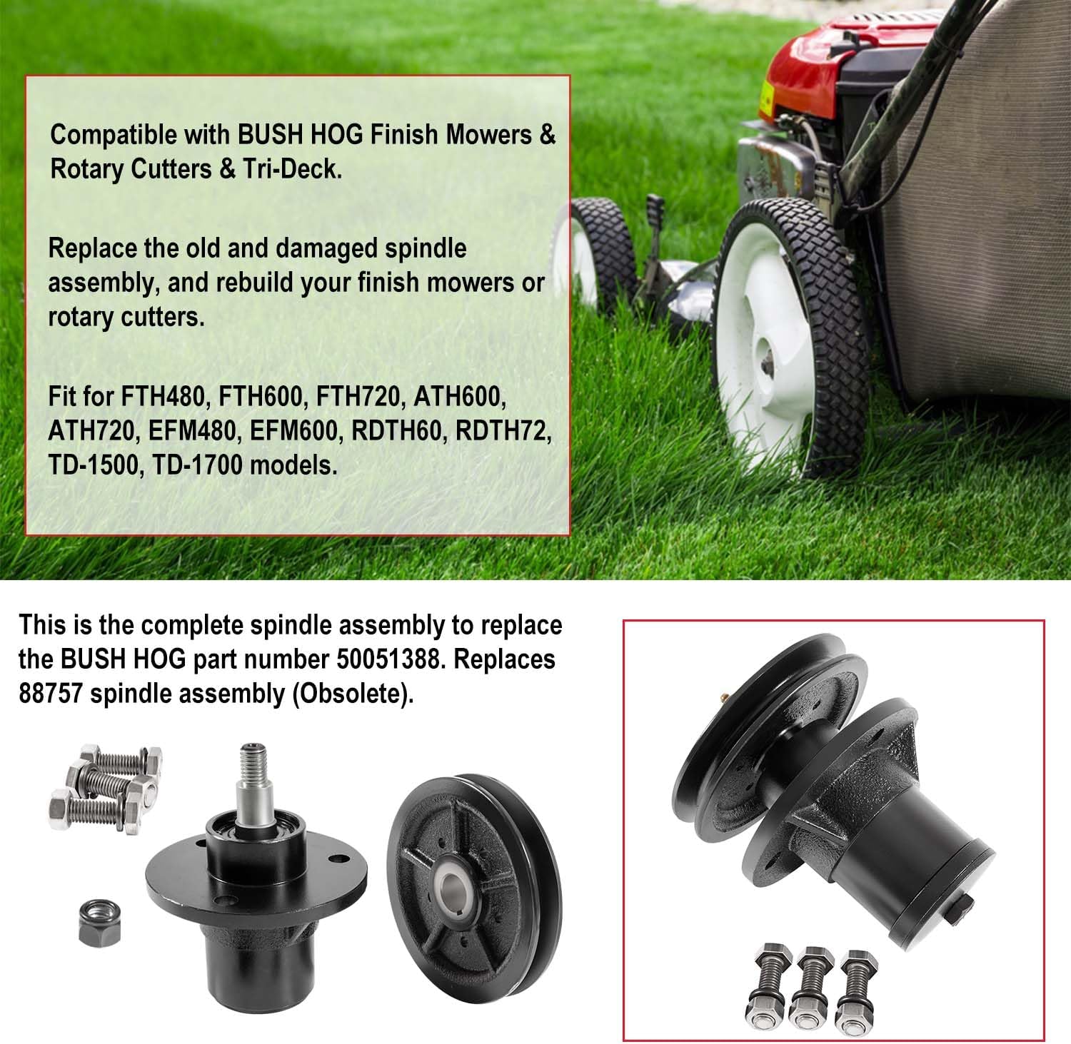 Complete Spindle Assembly 50051388 Assemble Replacement Parts Kit & Pull Sheave 50074053 With All Hardware Fit For Bush Hog RDTH, FTH, ATH, EFM, TD-1500, TD-1700 Models Finish Mowers & Rotary Cutters