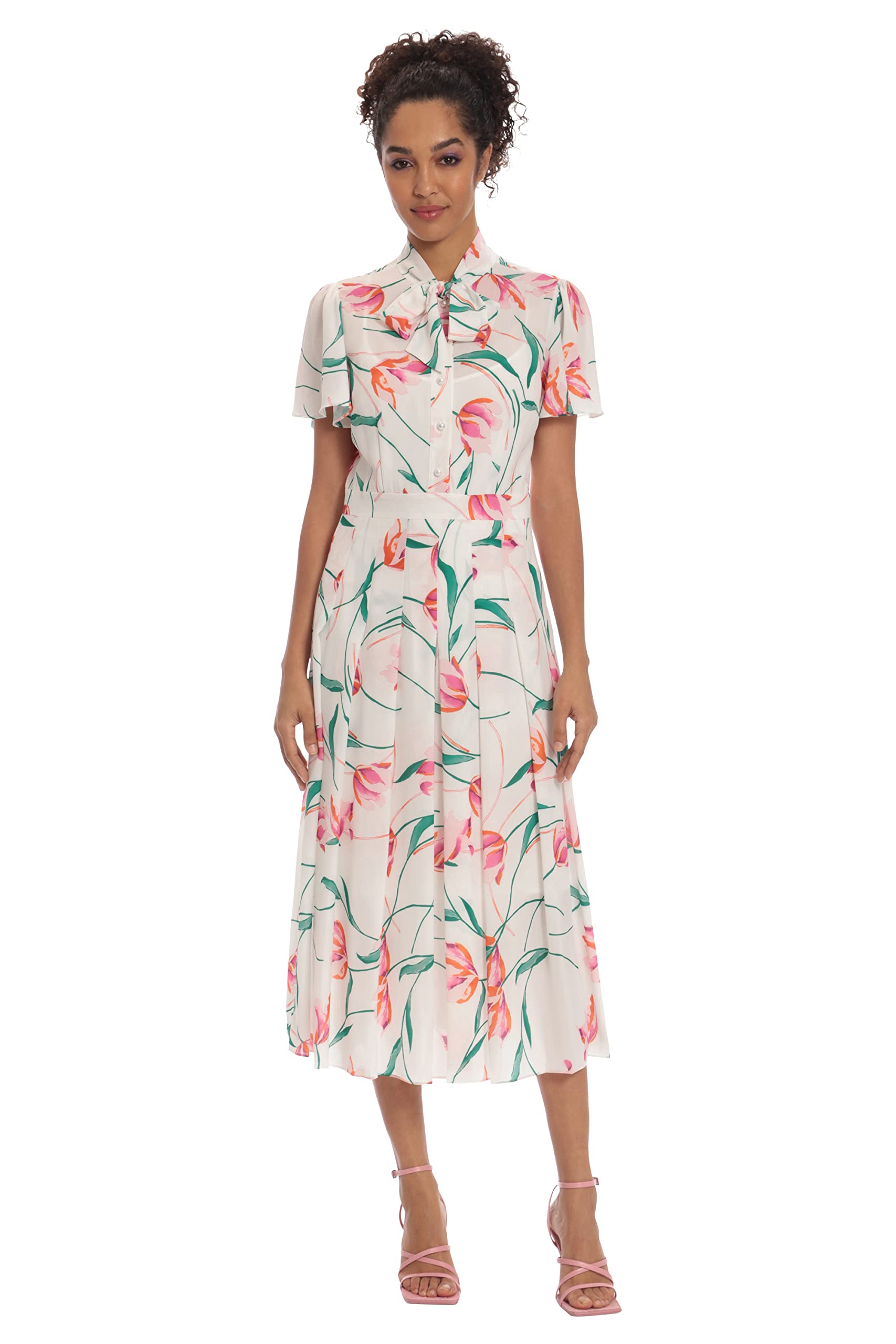 Donna Morgan Women's Floral Midi Dress - Short Sleeve Pleated Skirt With Neck Tie