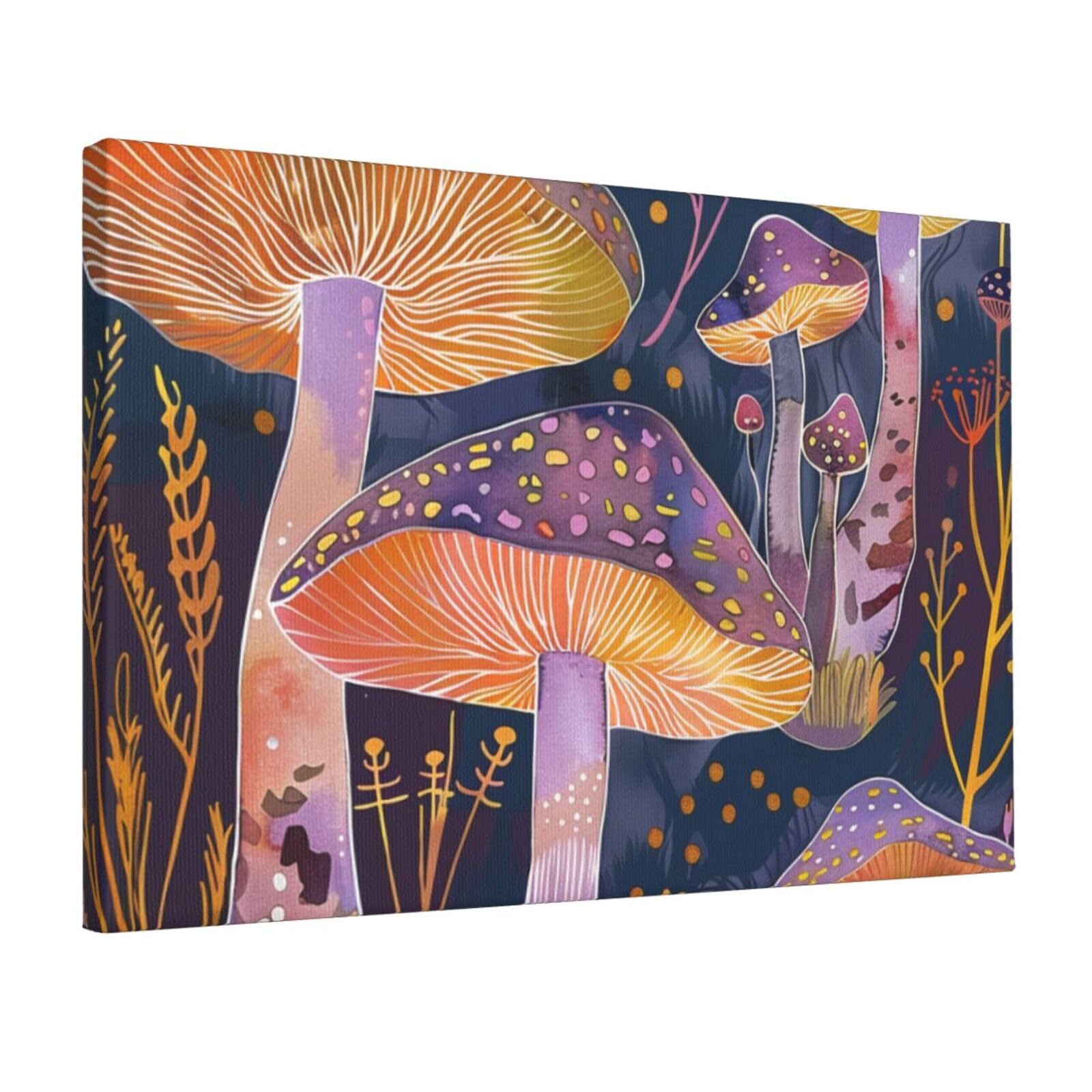 YKLJG Bright Mushrooms Printed Wall Art Canvas Prints 45x30 CM Wooden Framed Picture Painting Artwork for Bedroom Kitchen Home Office Decor