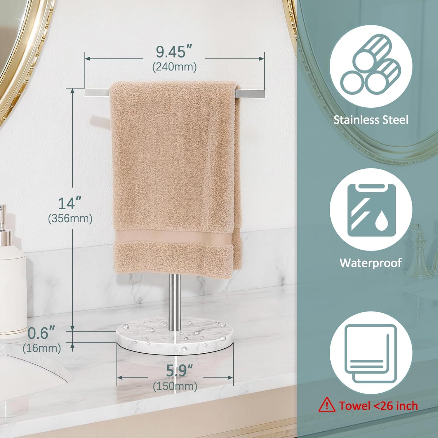 Gypie T-Shape Hand Towel Holder Stand with Heavy Marble Base, Stainless Steel Bathroom Countertop Towel Rack for Bathroom Kitchen, Brushed Nickel