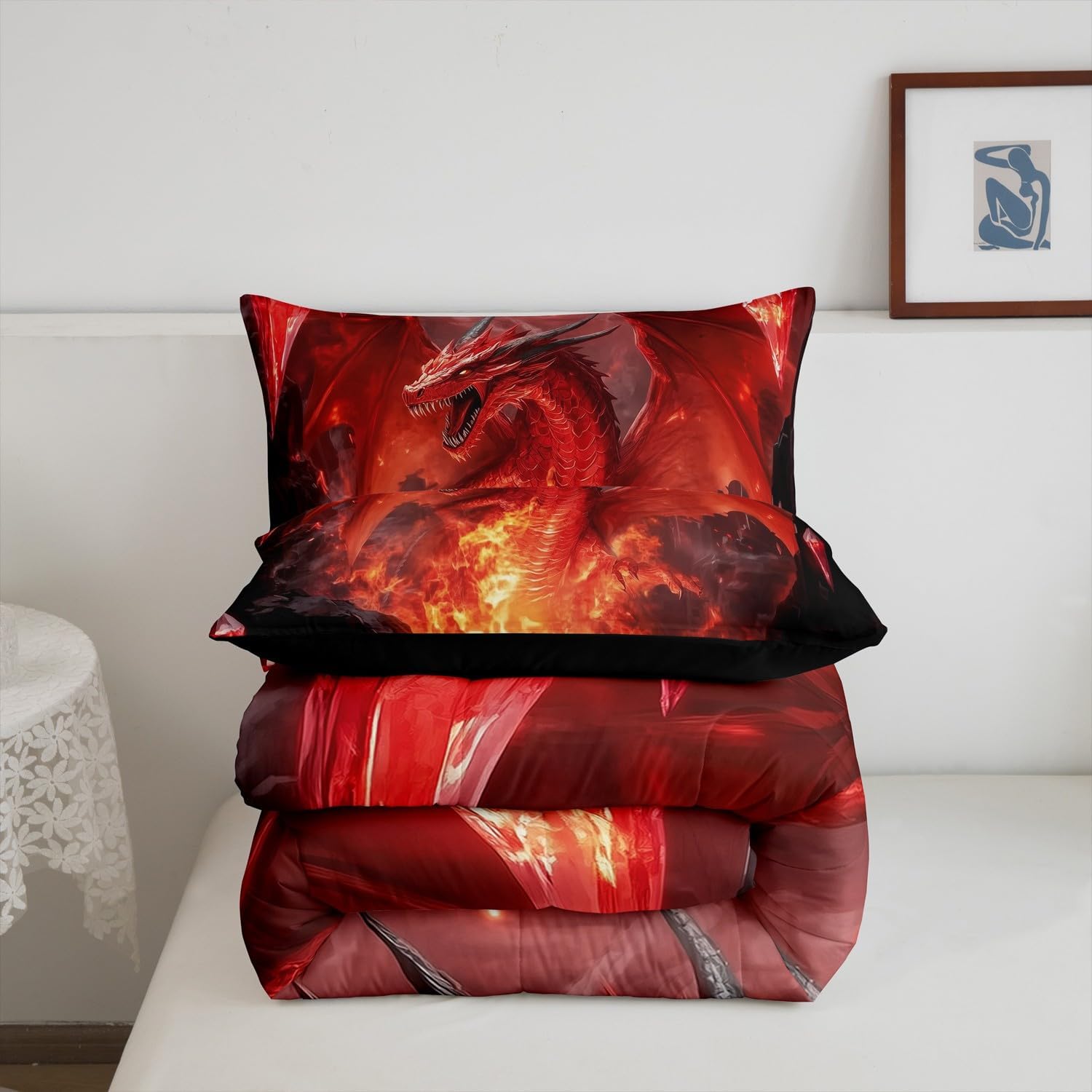 Castle Fairy Dragon Boys Girls Comforter Set,Wild Animals Cool Magical Style Duvet Set for Room Decor,Glowing Flame Dragon Brushed Microfiber Soft Quilt Cover,Full