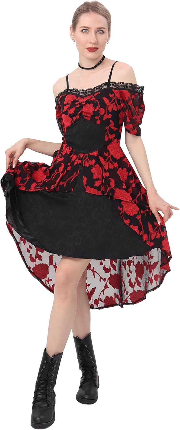 Women's Gothic Steampunk Dress Renaissance Victorian Off Shoulder Lace High Low Dresses Vintage Costume