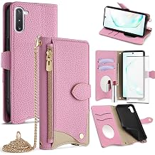 Asuwish Phone Case for Samsung Galaxy Note 10 5G Wallet Cover with Tempered Glass Screen Protector and Mirror Flip Cover Card Holder Slot Stand Crossbody Strap Cell Note10 Notes 10s Ten Not S10 Pink