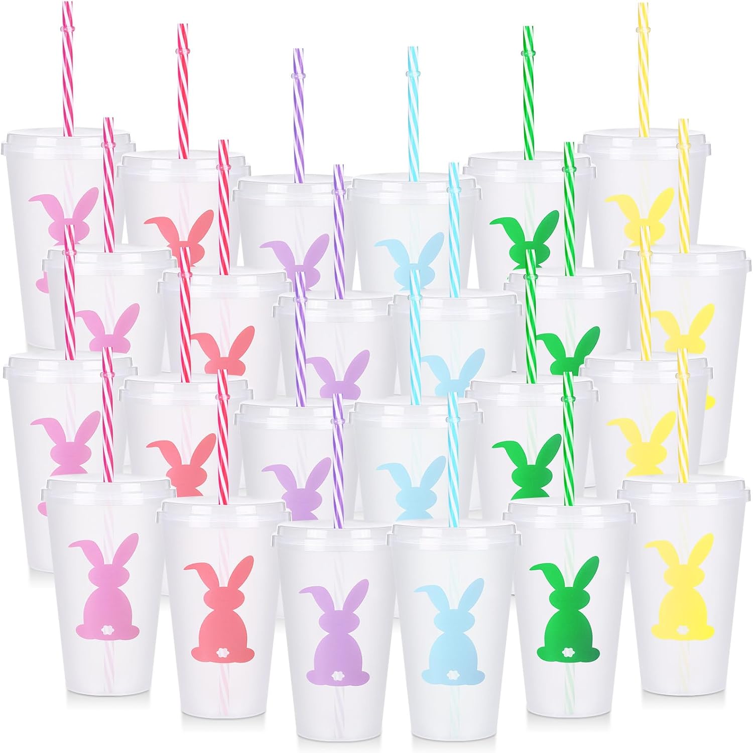 24 Pcs Easter Plastic Cups with Lids and Straws Bunny Rabbit Cups Bulk Reusable Tea Coffee Tumbler for Easter Day Party Drinkware Holiday Supplies (20 oz)