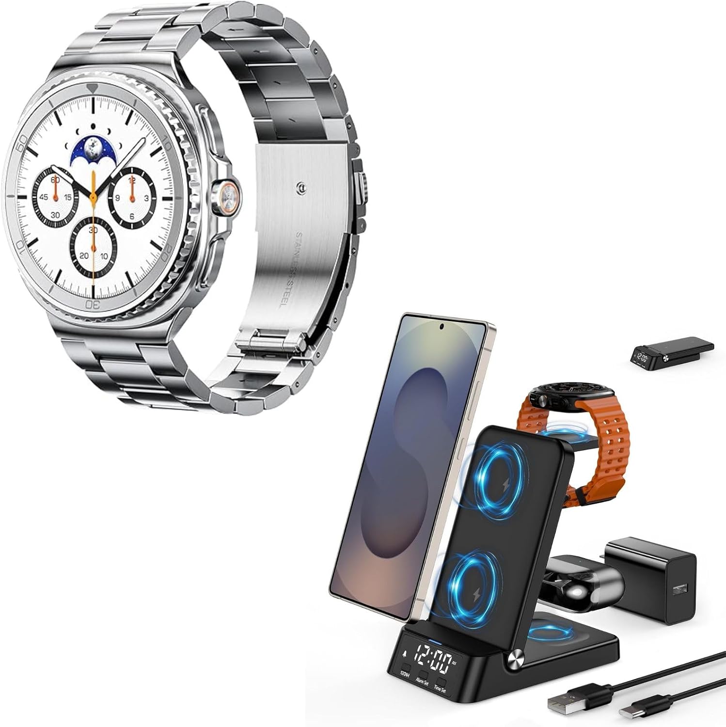 Metal Band Compatible with Samsung Galaxy Watch 8 40mm/44mm/Classic 46mm 2025 and Foldable 4 in 1 Charging Station for Samsung Bundle