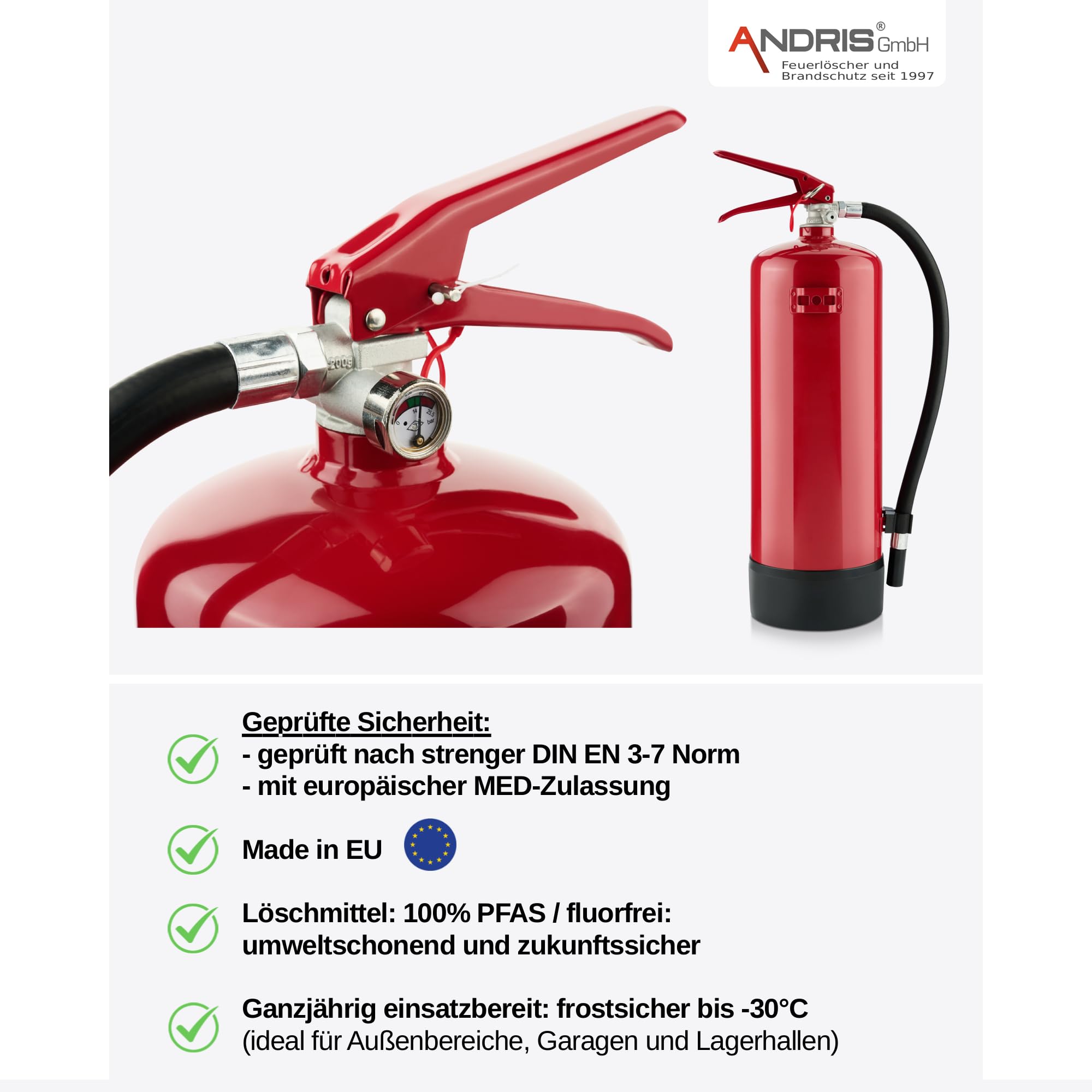 6kg ABC Pulver orig. ANDRIS® Feuerlöscher mit Halterung, Prüfnachweis + ISO Symbolschild