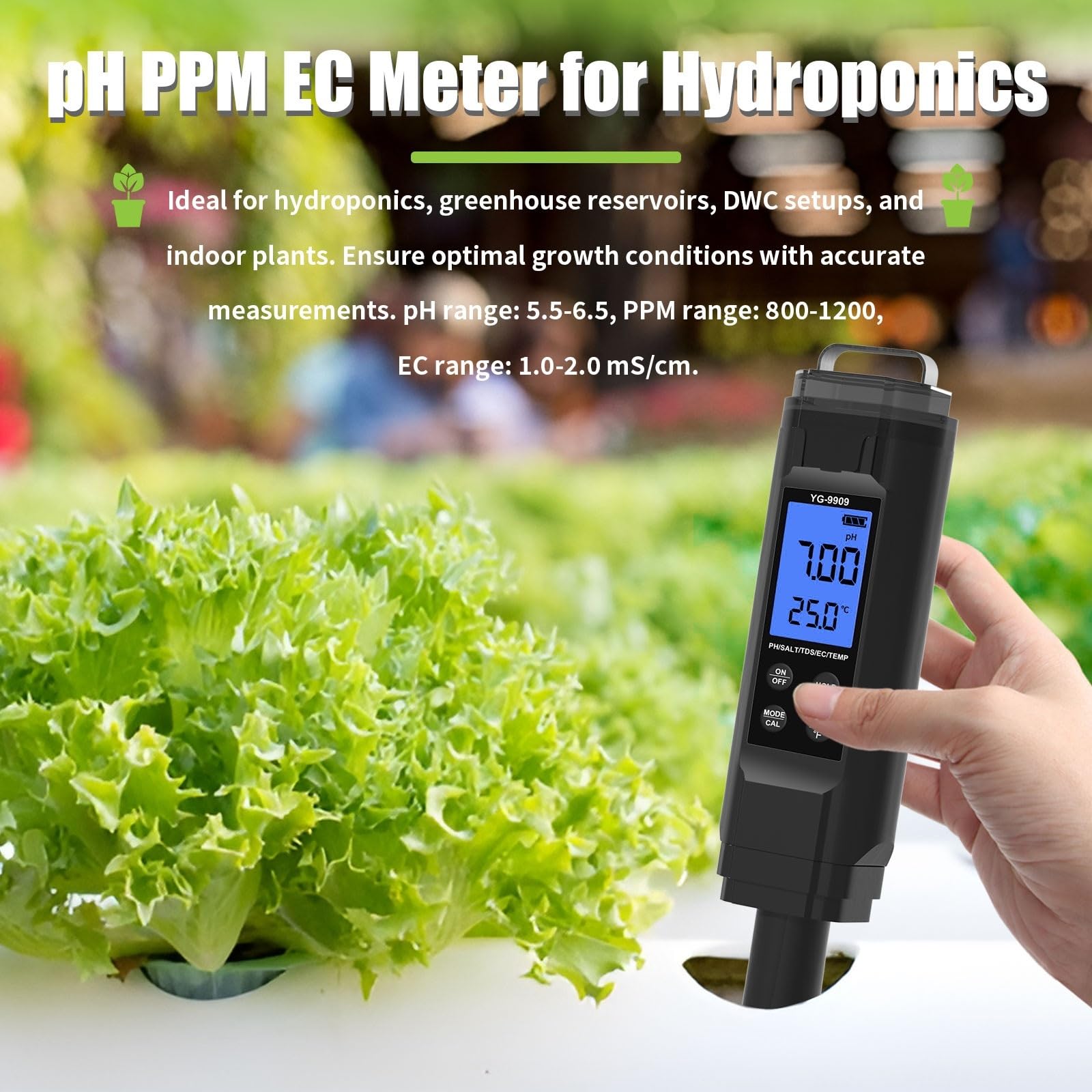PH Mètre, Testeur 5 en 1 de salinité, pH, conductivité électrique (EC), TDS, température et ppm, haute précision (résolution de 0,01), for aquarium, hydroponie et piscine.