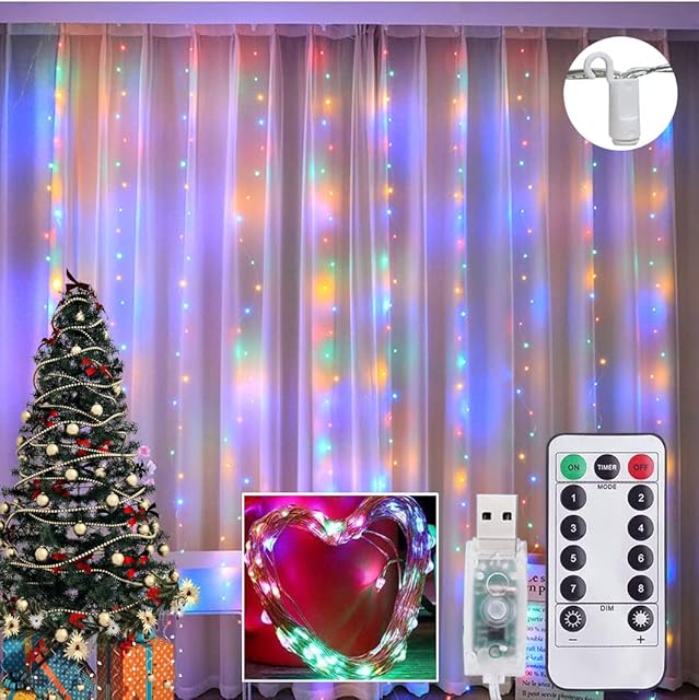 GaHeslop Curtain Lights with Remote and Hooks, 3m x 3m USB Operated Window Fairy Twinkle Lights, 8 Modes, Timer, 300 LED Copper Light, Waterproof String Lights for Xmas, Bedroom, Party(Multi-coloured)
