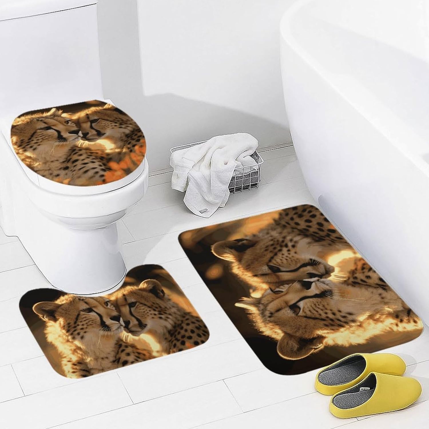 Anti-Skid Floor Mats 3 Piece Set,Cheetah Love Printed Coral Fleece Bathroom Mats U-Shaped Contour Mat Toilet Seat Cover for Bathroom, Tub, Shower, Kitchen 19.7"x31.5"