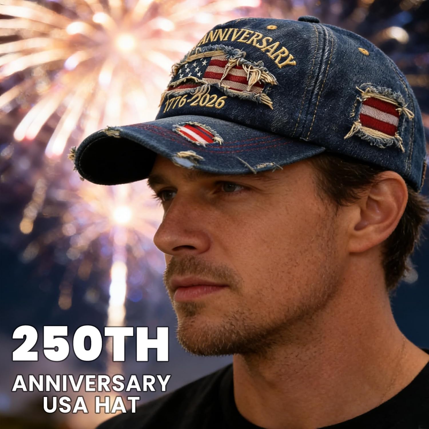 250th Anniversary USA Hat - Adjustable Retro Embroidered Baseball Cap with Large Gift Box, Badge with Small Gift Box