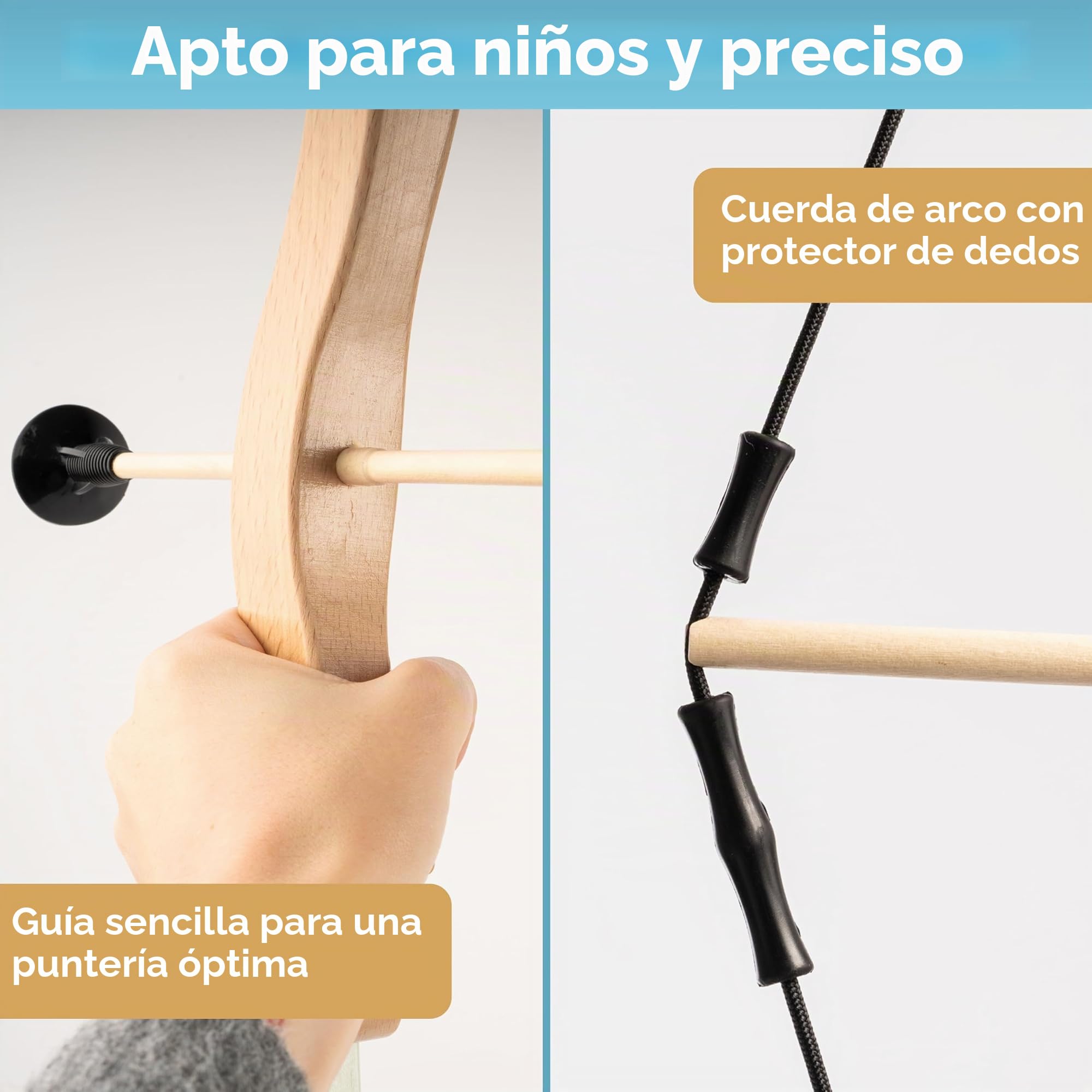BOWRILLA® Set de flecha y arco para niños con 4 flechas de ventosa, objetivo de madera y aljaba | Juego de tiro con arco para niños para juegos de interior y exterior a partir de 5 años | Para