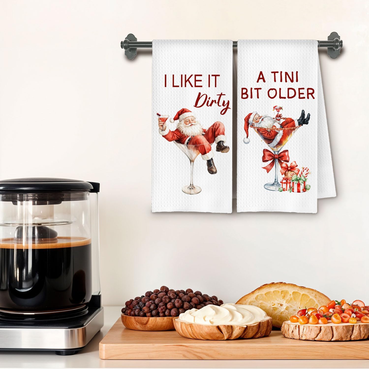 Christmas Dirty Martini Kitchen Towels, Gifts for Martini Lovers Dish Tea Towel for Kitchen Decor, Christmas Santa Claus Cocktail Decorative Hand Towels, 16x24 Inches Set of 2 - Image 2