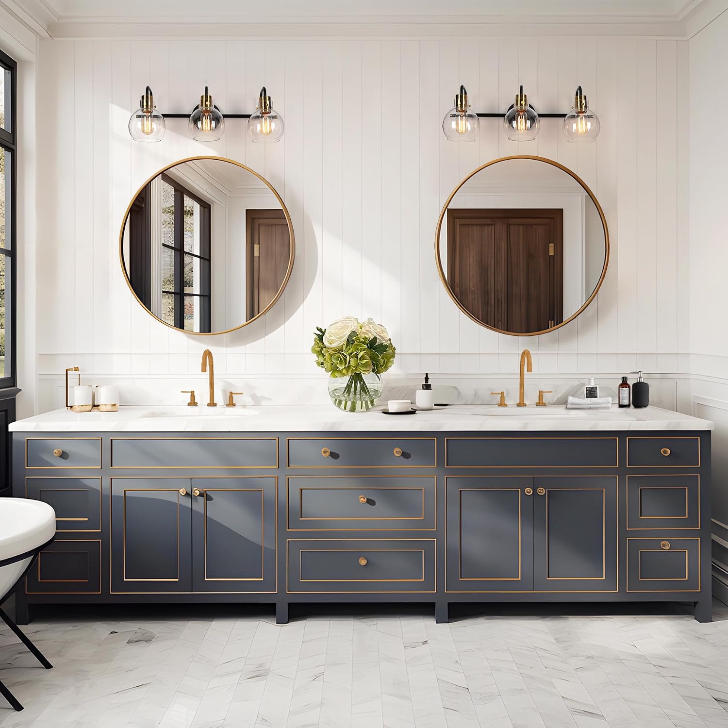 KSANA Black Gold Vanity Light, Modern 3 Light Bathroom Light Fixture with Brass Accents, Clear Glass Shades for Bathroom, Powder Room, Hallway
