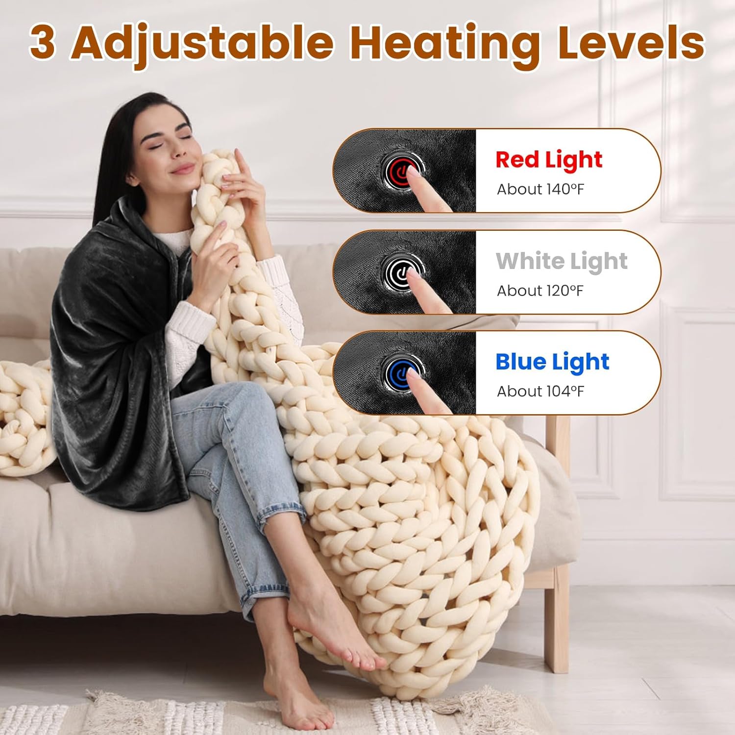 Portable Electric Heated Blanket, USB Heated Blanket Throw, 59in x 31in Flannel Wearable Softnees Heated Shawl with Zipper for Office Home Travel, Washable (Dark Grey(Standard)) - Image 3