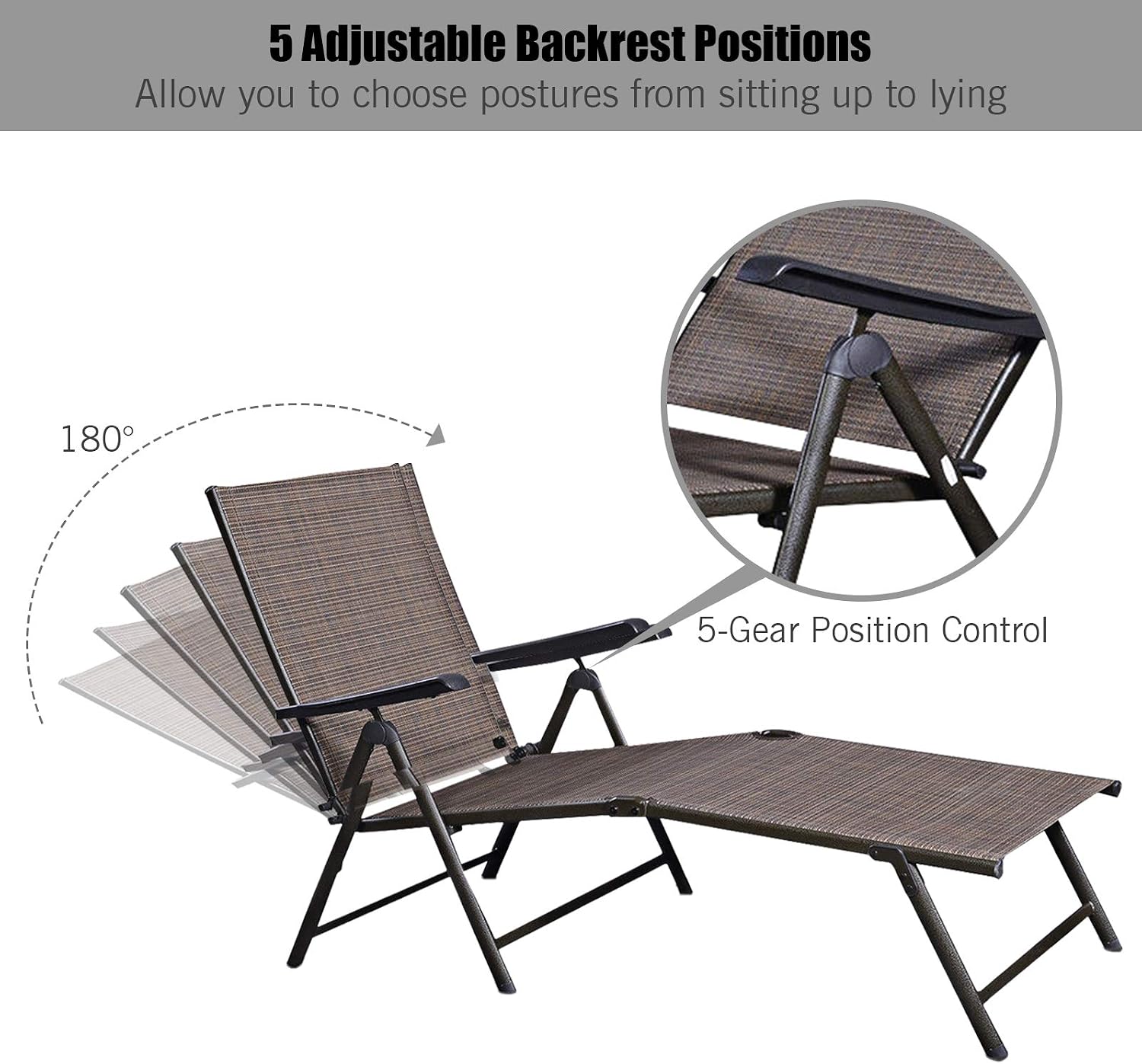 RELAX4LIFE Chaise Lounge Chair Outdoor Set of 2, Folding Patio Recliner Chair with Adjustable Reclining Back & Armrests for Yard Poolside Deck, Portable Sunbathing Beach Lounge Chairs for Outside (2)