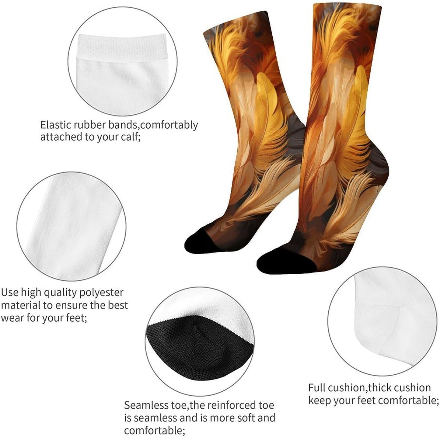Gold And Orange Feathers Crew Sock High Stocking Grippy Socks | Socks for Men & Women,Stockings-Long Thin Tube Sports, Breathable Soft Athletic for Nurses,Travel