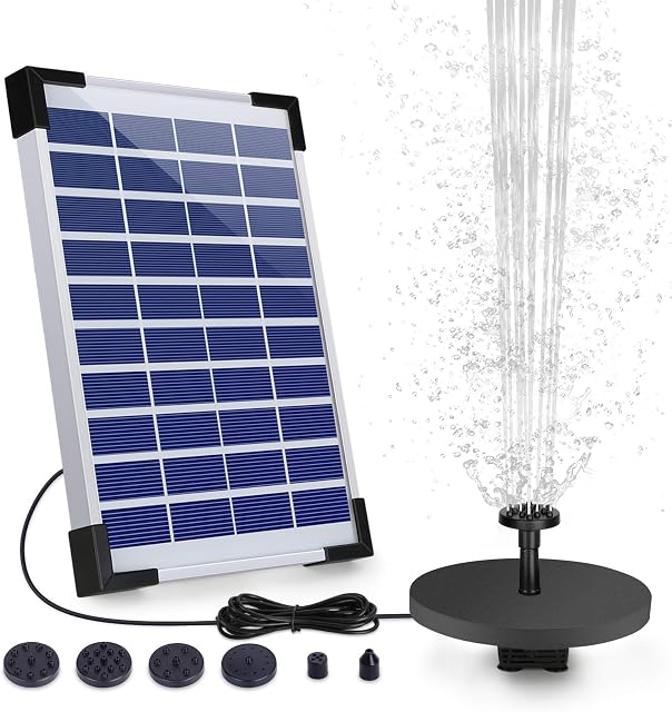 AISITIN 5.5W Solar Fountain Pump, Solar Water Pump Floating Fountain with 1500mAh Battery 6 Nozzles , Solar Fountains Water Feature for Bird Bath, Fish Tank, Pond or Garden Decoration