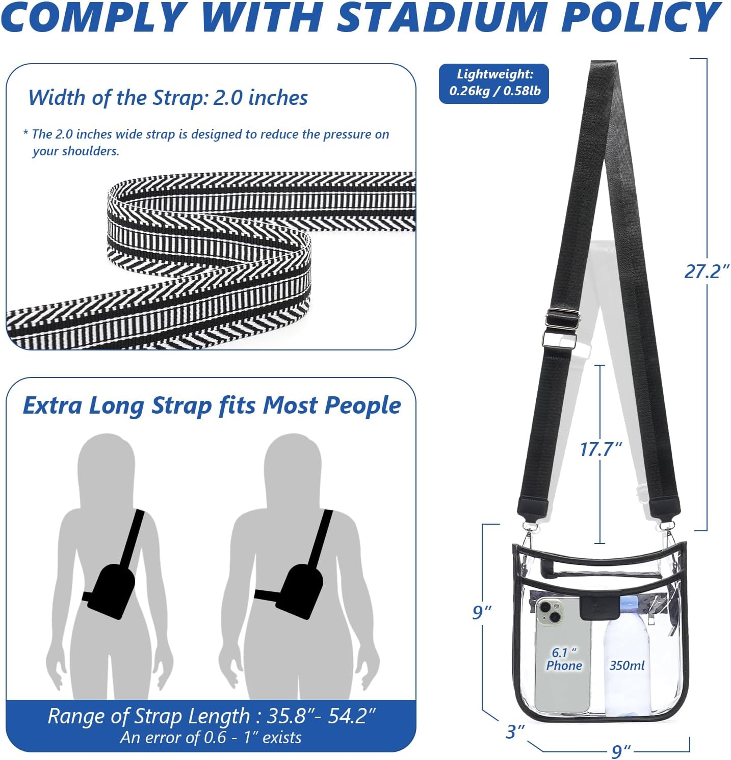 3 Pockets Large Clear Bag for Stadium Events with 2 Long Straps Purse for Women Crossbody Bag Concert Stadium Approved | 3 Pockets, Large, Stadium Events, 2 Long Straps, Concert, Stadium Approved - Image 3