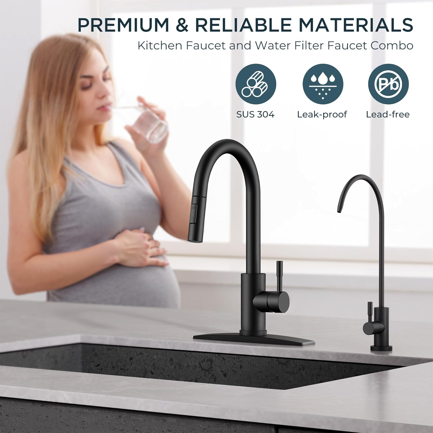 FORIOUS Kitchen Faucet and Water Filter Faucet Combo, Stainless Steel Traditional Sink Faucet with Drinking Water Faucet Fits Reverse Osmosis, Water Filtration System and Pot Filler, Matte Black - Image 2