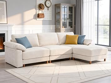 Oversized L Shaped Cloud Couch Modular Sectional Sofa with Ottoman, Extra Large Deep Seat Couch with Washable Covers, Modern Sectional Couch for Living Room, Apartment, Beige
