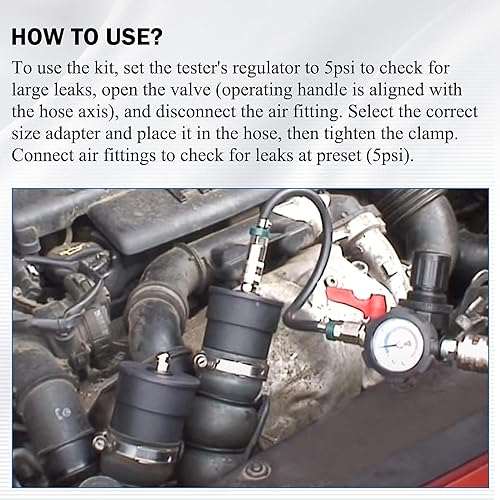 Miniatura 9 de Probador de fugas del sistema Turbo, kit de probador de fugas Turbo Boost de 10 piezas con medidor de presión, sistema turbo, probador de fugas de