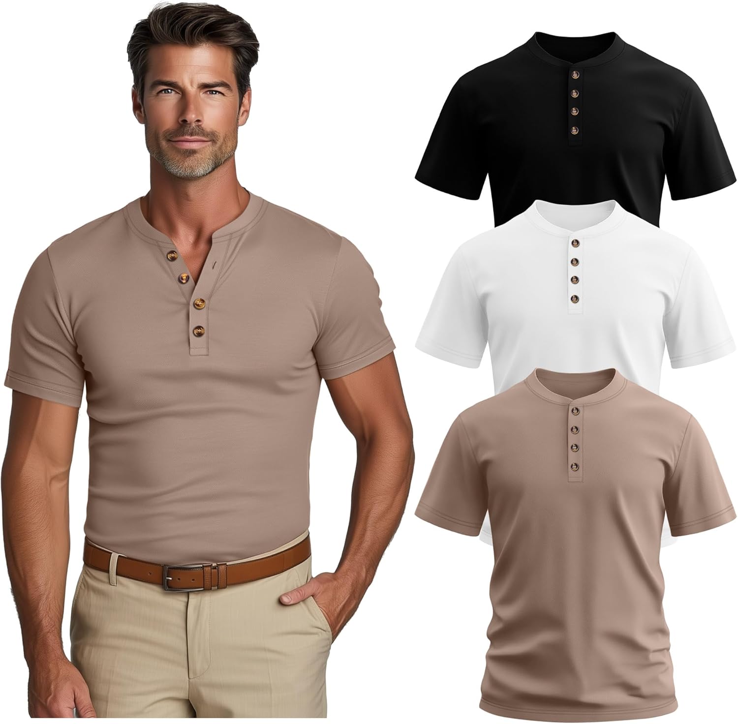 Riyiper 3 Pack Men's Big and Tall Henley T-Shirts Cotton Short Sleeve Oversized Basic Tops Loose Fit Casual Summer Button Tee - Image 2