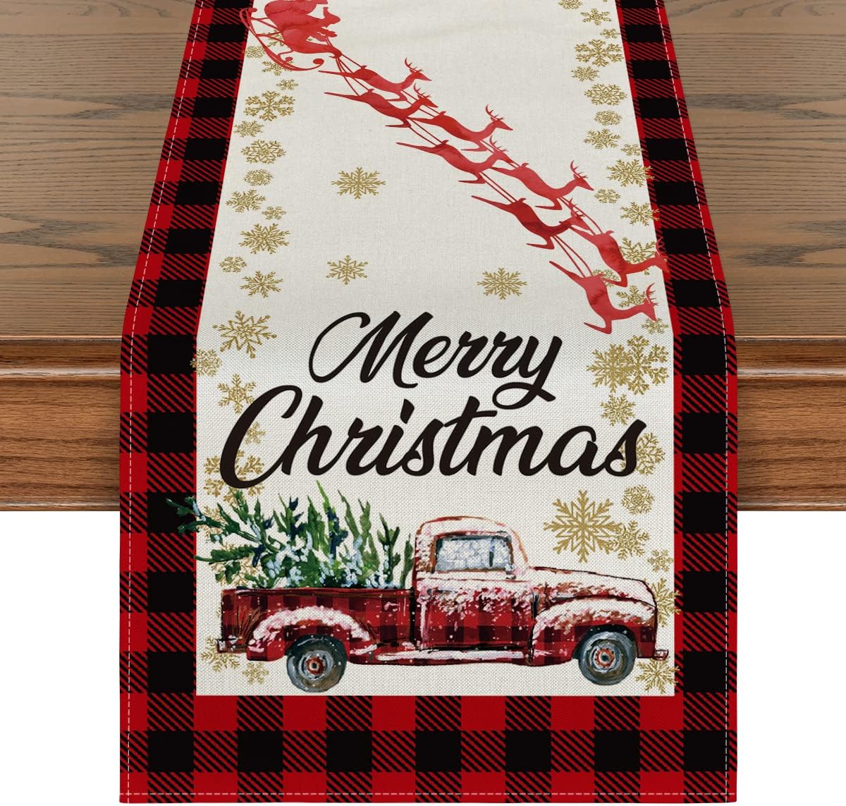 Artoid Mode Red and Black Buffalo Plaid Truck Merry Christmas Table Runner, Seasonal Winter Xmas Holiday Kitchen Dining Table Decoration for Indoor Outdoor Home Party Decor 13 x 72 Inch