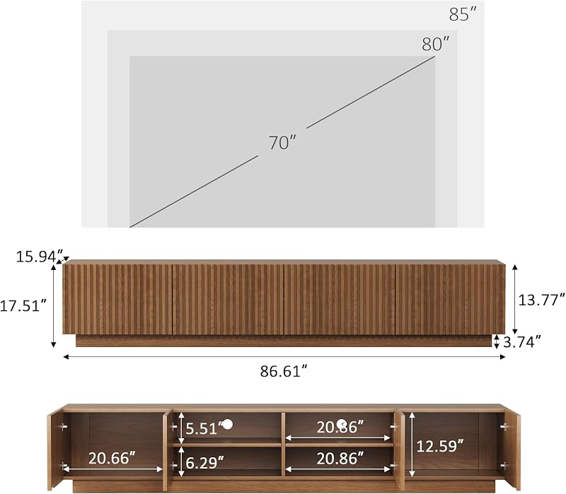 86.61" Mid Century TV Stand, Walnut Fluted Entertainment Center for 85" TV image 2