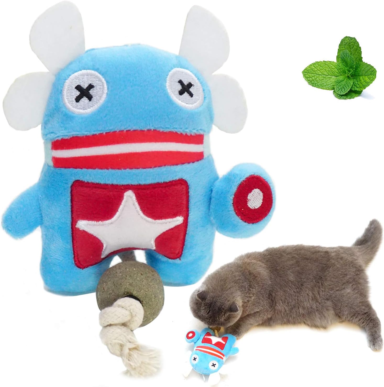 ARELLA Plush Catnip Cat Toy with Compressed Catnip Ball & Chew Rope Blue Hero Shape Cleaning Teeth Kitty's Faithful Playmate Reduce…