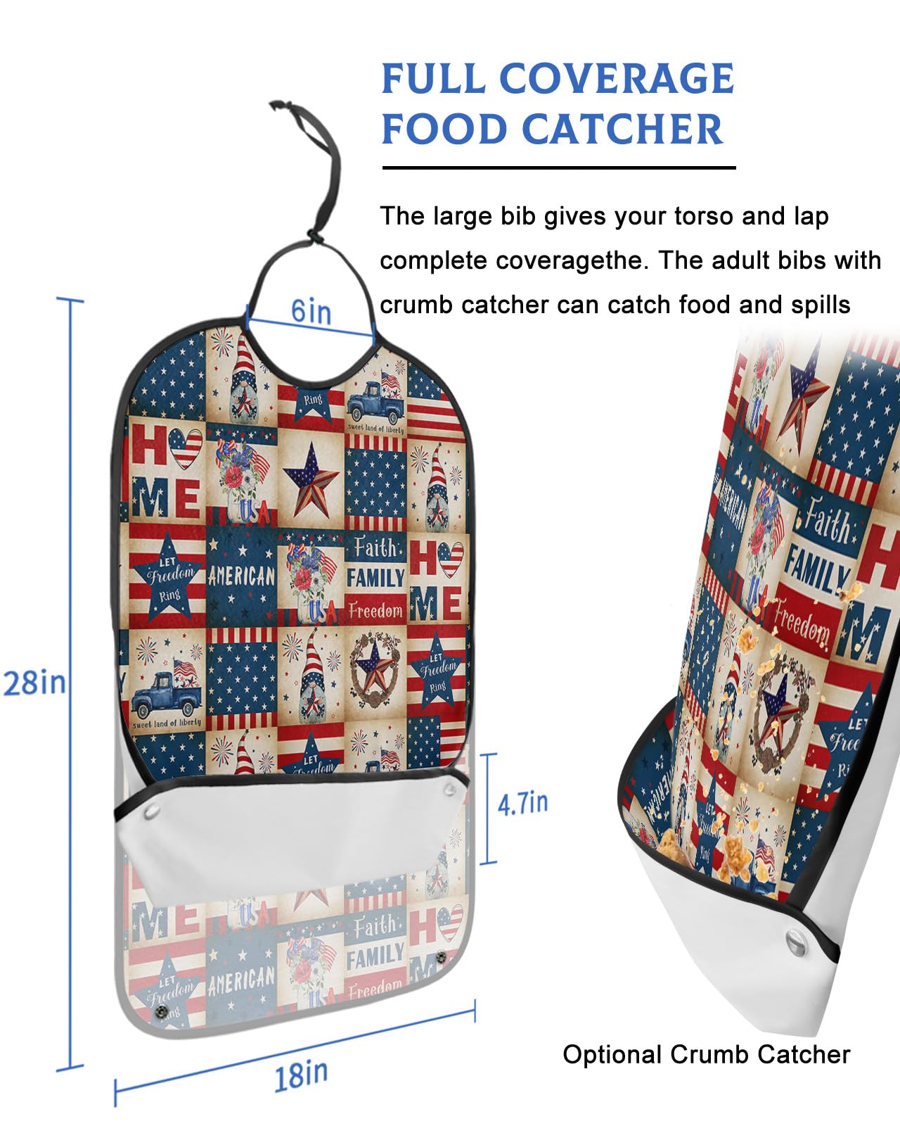 Gnomes Truck Stars Stripes Adult Bib for Eating with Crumb Catcher,Washable & Waterproof Terry Cloth Adjustable Elderly Women Men Adult Bibs Funny Apron Clothing Protector Fourth-of-July Flower