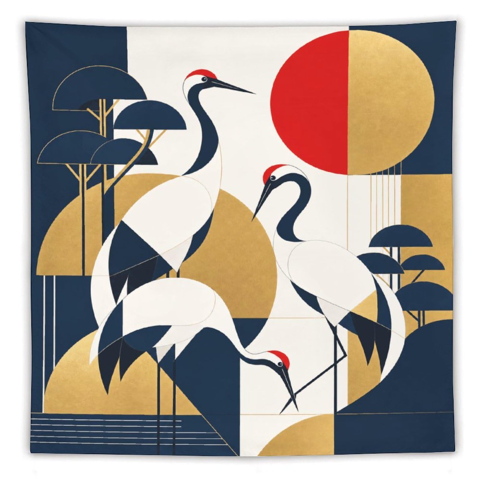 W7C8U2X3 Art Deco Cranes Wall Tapestry, Ukiyo-e Style, Ceiling Hanging