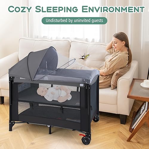 Miniatura 2 de INFANS Cuna de bebé, 4 en 1 para guardería y juego de bebé con cambiador, mosquitera, cesta de almacenamiento, bolsa de viaje para recién nacidos