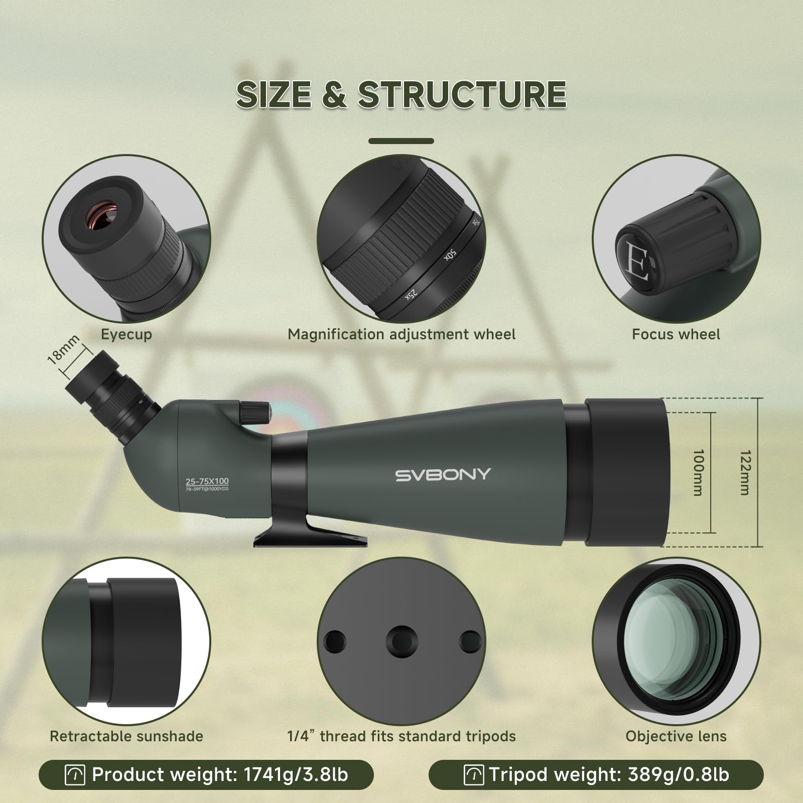 SVBONY SV28 luneta punktowa ze statywem, kątowa luneta 25-75 x 70 mm z adapterem do telefonu, wodoodporna, odporna na zaparowanie luneta do obserwacji ptaków, strzelania do celu, oglądania dzikiej
